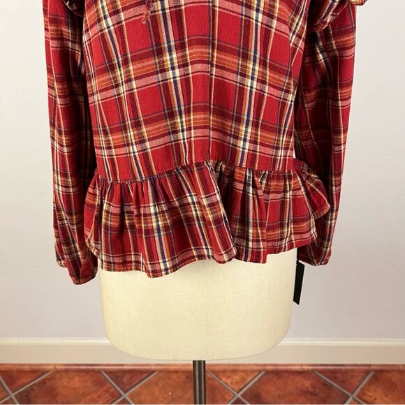 Blank NYC Ruffle Plaid Print Keyhole Shirt - Picture 5 of 8